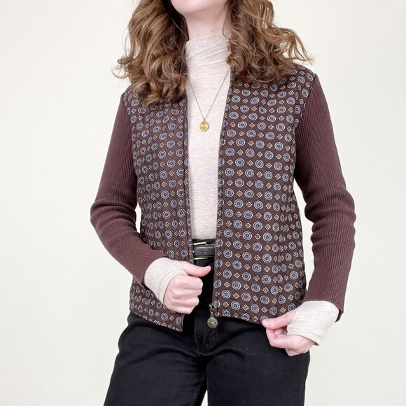 Vintage Quilted Floral Print Jacket Coat Knit Cardigan Sweater Preppy 90s Y2K - Picture 7 of 7